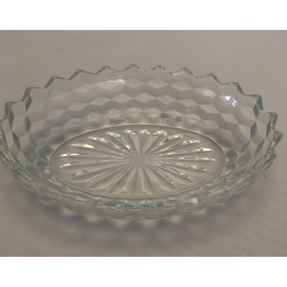 Vintage Bowl Clear Glass Starburst Etched Spiked Edges 9.5 x 5" Candy Dish Key